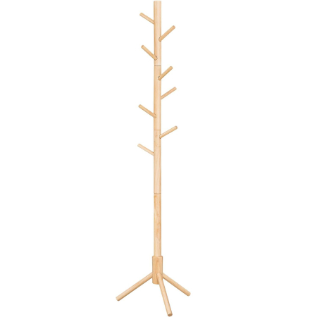 Casă - VASAGLE Cuier lemn masiv 47x47x175 cm, 8 carlige si inaltime reglabila, baza triunghiulara, natur