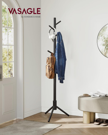 VASAGLE Cuier lemn masiv 47x47x175 cm, 8 carlige si inaltime reglabila, baza triunghiulara, negru [1]