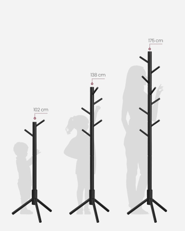 VASAGLE Cuier lemn masiv 47x47x175 cm, 8 carlige si inaltime reglabila, baza triunghiulara, negru [3]