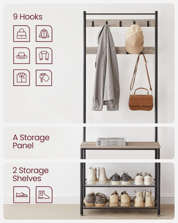 VASAGLE Cuier multifunctional 70x32x175 cm, cu 9 carlige, banca si 2 rafturi pantofi, PAL si otel, gri si negru [7]