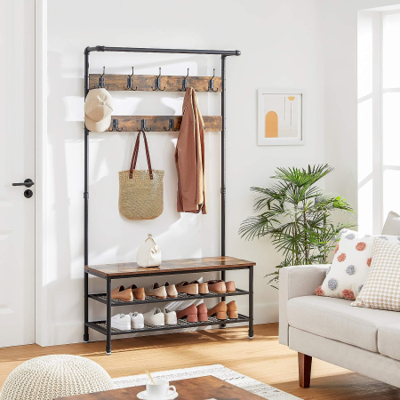 VASAGLE Cuier pentru haine cu 9 carlige si suport pentru pantofi, stil industrial, cadru din otel, 100x42x182 cm [7]
