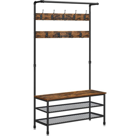Cuiere - VASAGLE Cuier pentru haine cu 9 carlige si suport pentru pantofi, stil industrial, cadru din otel, 100x42x182 cm