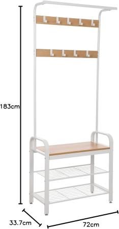 VASAGLE Cuier pentru haine cu banca de depozitare a pantofilor, cu 9 carlige detasabile, o sina pentru haine, 34x72x183 cm, modern, stejar si crem [6]