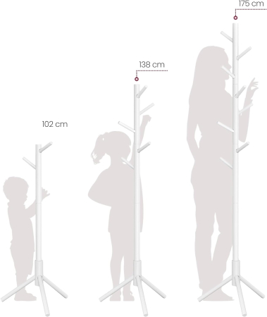 VASAGLE Cuier pentru haine, din lemn masiv, tip pom, cu 8 carlige, 175cm, alb [8]