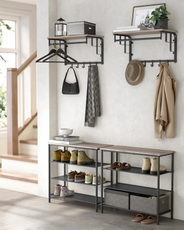 VASAGLE Cuier perete cu polita, bara si 5 carlige, 66x27x30 cm, gri [6]