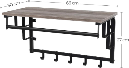 VASAGLE Cuier perete cu polita, bara si 5 carlige, 66x27x30 cm, gri [2]