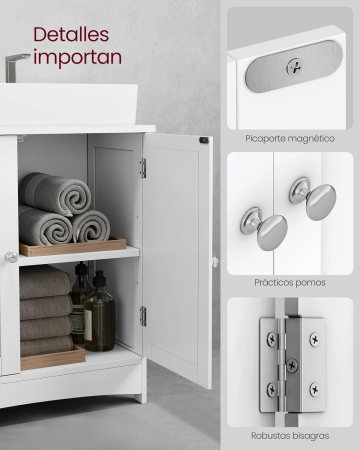 VASAGLE Dulap baie baza lavoar, cu 2 usi, 2 rafturi, alb 60x60x30 cm, alb [6]