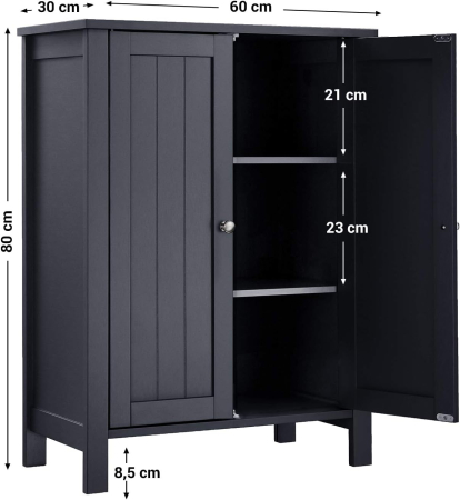 VASAGLE Dulap baie pe picioare cu 2 rafturi reglabile, din MDF, 30x60x80 cm, gri [2]