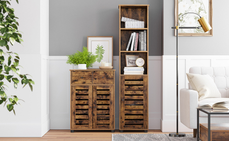 VASAGLE Dulap de baie, cu 3 compartimente deschise si spatiu de depozitare cu usa, 40x30x167cm, maro vintage [2]