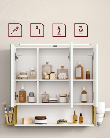 VASAGLE Dulap de baie de perete, 3 usi cu oglinda, compartiment deschis, 15x70x70 cm, alb auriu [5]