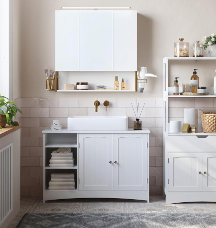 VASAGLE Dulap de baie de perete, 3 usi cu oglinda, compartiment deschis, 15x70x70 cm, alb auriu [8]