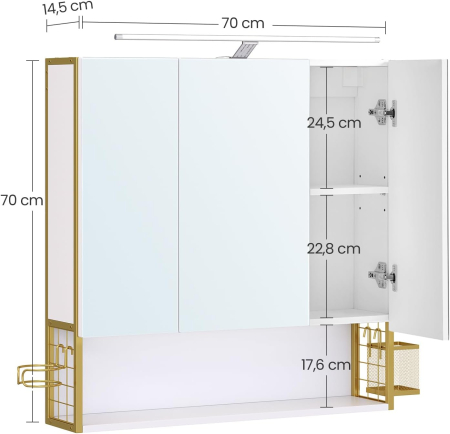 VASAGLE Dulap de baie de perete, 3 usi cu oglinda, compartiment deschis, 15x70x70 cm, alb auriu [3]