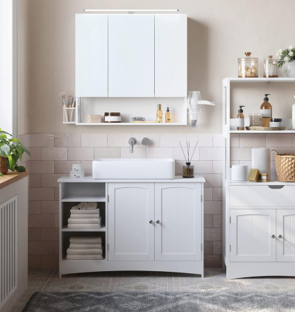 VASAGLE Dulap de baie de perete, 3 usi cu oglinda, compartiment deschis, 15x70x70cm, alb [6]