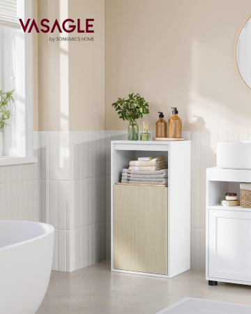 VASAGLE Dulap de baie de perete cu 3 polite, usa cu directie de deschidere reglabila, 30x40x80 cm, alb cu bej [1]