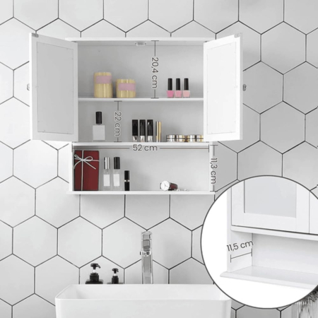 VASAGLE Dulap de baie de perete cu oglinda, 2 usi, compartiment deschis, rafturi reglabile, 13x56x58cm, alb [4]