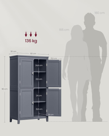 VASAGLE Dulap de baie, din MDF, cu 2 compartimente si 4 usi, rafturi reglabile, 30x60x110cm, gri inchis [2]