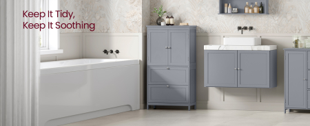 VASAGLE Dulap de baie, din MDF, cu 2 sertare si 2 usi, raft reglabil, 30x60x110cm, gri [6]