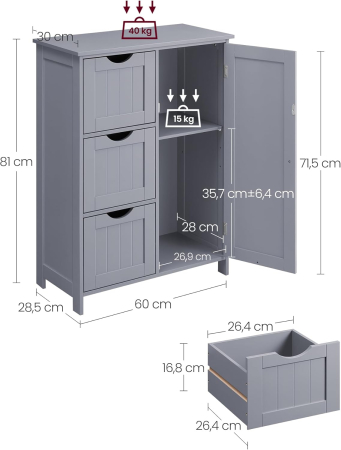 VASAGLE Dulap de baie, din MDF, cu 3 sertare, raft reglabil, 30x60x81cm, gri [2]