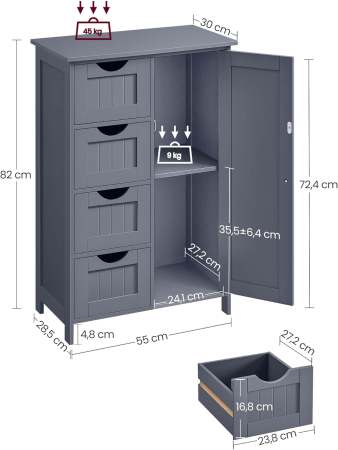 VASAGLE Dulap de baie, din MDF, cu 4 sertare, raft reglabil, 30x55x82 cm, gri [2]