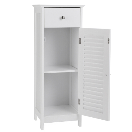 VASAGLE Dulap de depozitare de podea pentru baie, din lemn cu sertar, usa cu lamele, 32x30x87cm, alb [9]