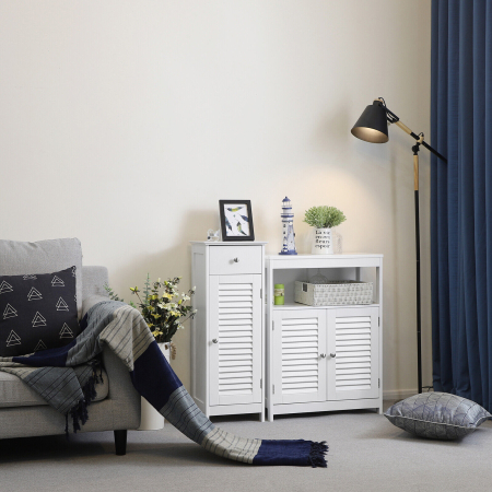 VASAGLE Dulap de depozitare de podea pentru baie, din lemn cu sertar, usa cu lamele, 32x30x87cm, alb [11]