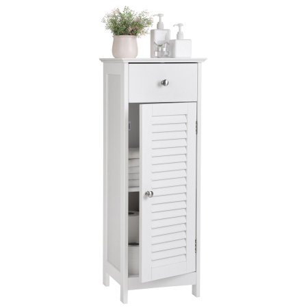 VASAGLE Dulap de depozitare de podea pentru baie, din lemn cu sertar, usa cu lamele, 32x30x87cm, alb [13]