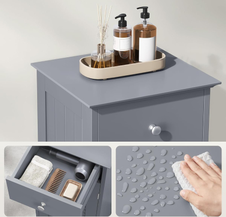 VASAGLE Dulap de depozitare de podea pentru baie, din lemn cu sertar, usa cu lamele, 32x30x87cm, gri [4]