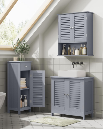 VASAGLE Dulap de depozitare de podea pentru baie, din lemn cu sertar, usa cu lamele, 32x30x87cm, gri [6]