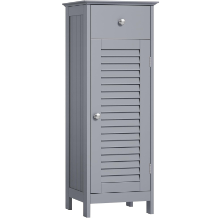 BAIE - VASAGLE Dulap de depozitare de podea pentru baie, din lemn cu sertar, usa cu lamele, 32x30x87cm, gri