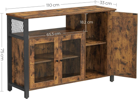 VASAGLE Dulap de depozitare tip bufet, cu 3 usi, stil industrial, 110x33x75cm, maro rustic si negru [6]
