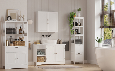 VASAGLE Dulap lavoar baie, cu 2 usi si un compartiment deschis cu rafturi reglabile, 90x30x60cm, alb [8]