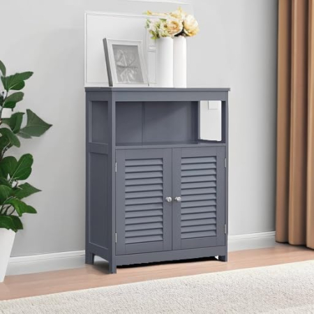 VASAGLE Dulap tip comoda pentru baie, cu rafturi reglabile si 2 usi, 30x60x80 cm, gri [1]