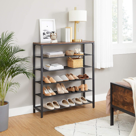 VASAGLE Etajera pantofi cu 5 rafturi si polita superioara, 100x30x110 cm, maro rustic [3]
