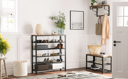 VASAGLE Etajera pantofi cu 5 rafturi si polita superioara, 100x30x110 cm, maro rustic [9]