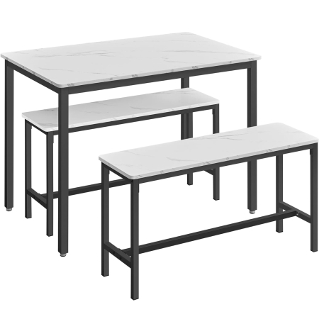Mese living si bucatarie - VASAGLE Masa de bar cu 2 banci, design industrial, 110x70x75 cm, alb marmura