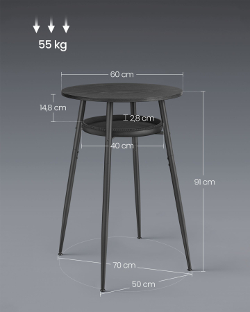 VASAGLE Masa de bar neagra, 70x70x91 cm – design elegant cu piele artificiala, blat 60 cm, stabila si usor de asamblat [3]