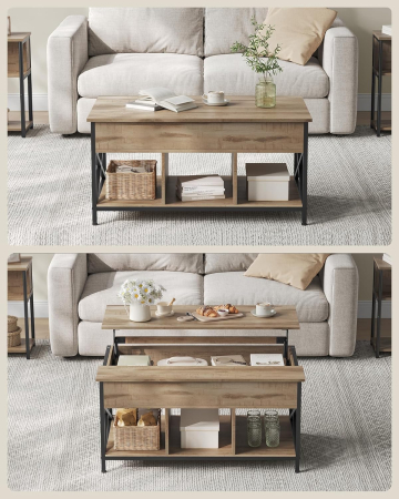 VASAGLE Masa de cafea cu inaltime reglabila, spatiu de depozitare ascuns, 60x100x(48-62) cm, gri stejar [2]