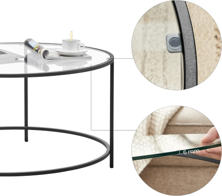 VASAGLE Masa de cafea rotunda, din sticla securizata cu cadru metalic, 84x84x45cm, negru [6]