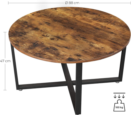 VASAGLE Masa de cafea rotunda, stil industrial, cadru metalic si blat lemn, 88x88x47cm, maro rustic si negru [2]