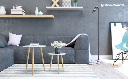 VASAGLE Masa de cafea, set de 2 bucati, picioare din lemn si blat MDF, design minimalist scandinav, 45x50cm si 35x35cm, alb [14]