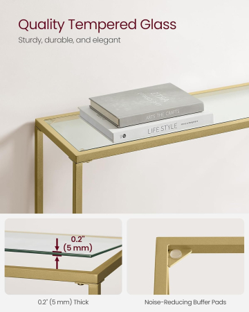 VASAGLE Masa de intrare, blat din sticla securizata, cadru metalic, 20x100x80 cm, auriu [5]