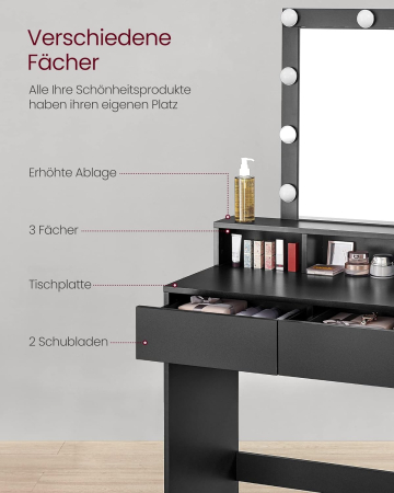 VASAGLE Masa de toaleta cu iluminare LED, cu oglinda, luminozitate reglabila, cu 2 sertare, 80x40x145cm, negru [3]