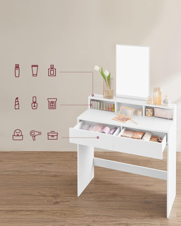 VASAGLE Masa de toaleta cu oglinda, cu 2 sertare si 3 compartimente deschise, 40x80x140cm, stil modern, alb [8]