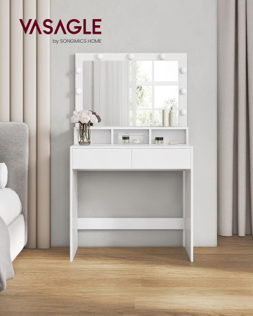 VASAGLE Masa de toaleta cu oglinda, iluminare LED, 2 sertare si 3 compartimente deschise, 80x40x140cm, modern, alb [1]