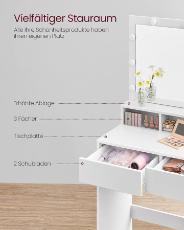VASAGLE Masa de toaleta cu oglinda, iluminare LED, 2 sertare si 3 compartimente deschise, 80x40x140cm, modern, alb [3]