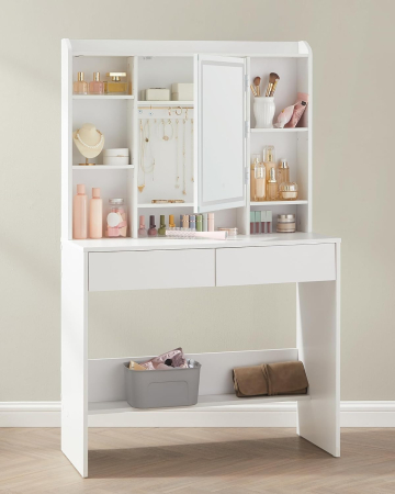 VASAGLE Masa de toaleta cu oglinda, iluminare LED reglabila, 2 sertare, 90x40x145cm, alb [3]