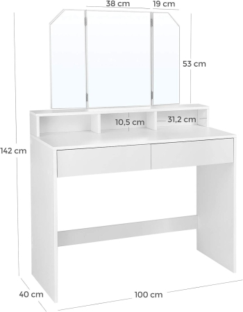 VASAGLE Masa de toaleta cu oglinda rabatabila si 2 sertare, 3 compartimente deschise, 100x40x142cm, alb [5]
