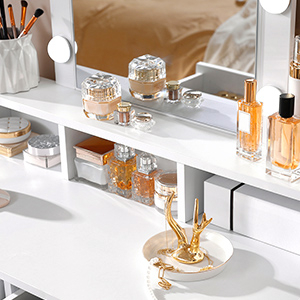 VASAGLE Masa de toaleta cu oglinda si becuri, cu 2 sertare si 3 compartimente deschise, 40x80x145cm, modern, alb [10]