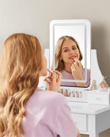 VASAGLE Masa de toaleta cu taburet, oglinda rotativa 360°, iluminare LED reglabila, 80x40x138 cm, alb [7]