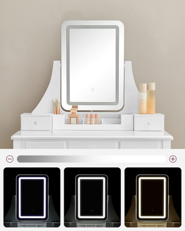 VASAGLE Masa de toaleta cu taburet, oglinda rotativa 360°, iluminare LED reglabila, 80x40x138 cm, alb [4]